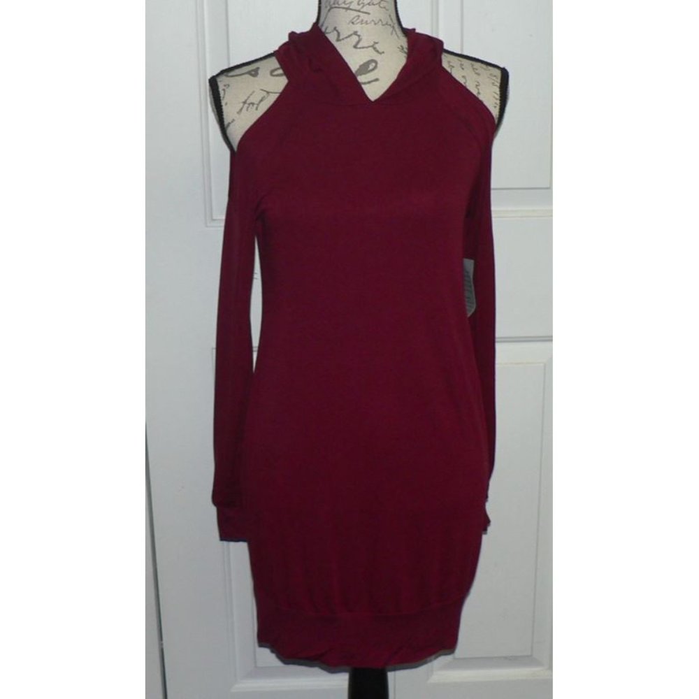 Kenedik Women's Cold Shoulder Fleece Hooded Sweatshirt Dress Burgundy‎ Small $64